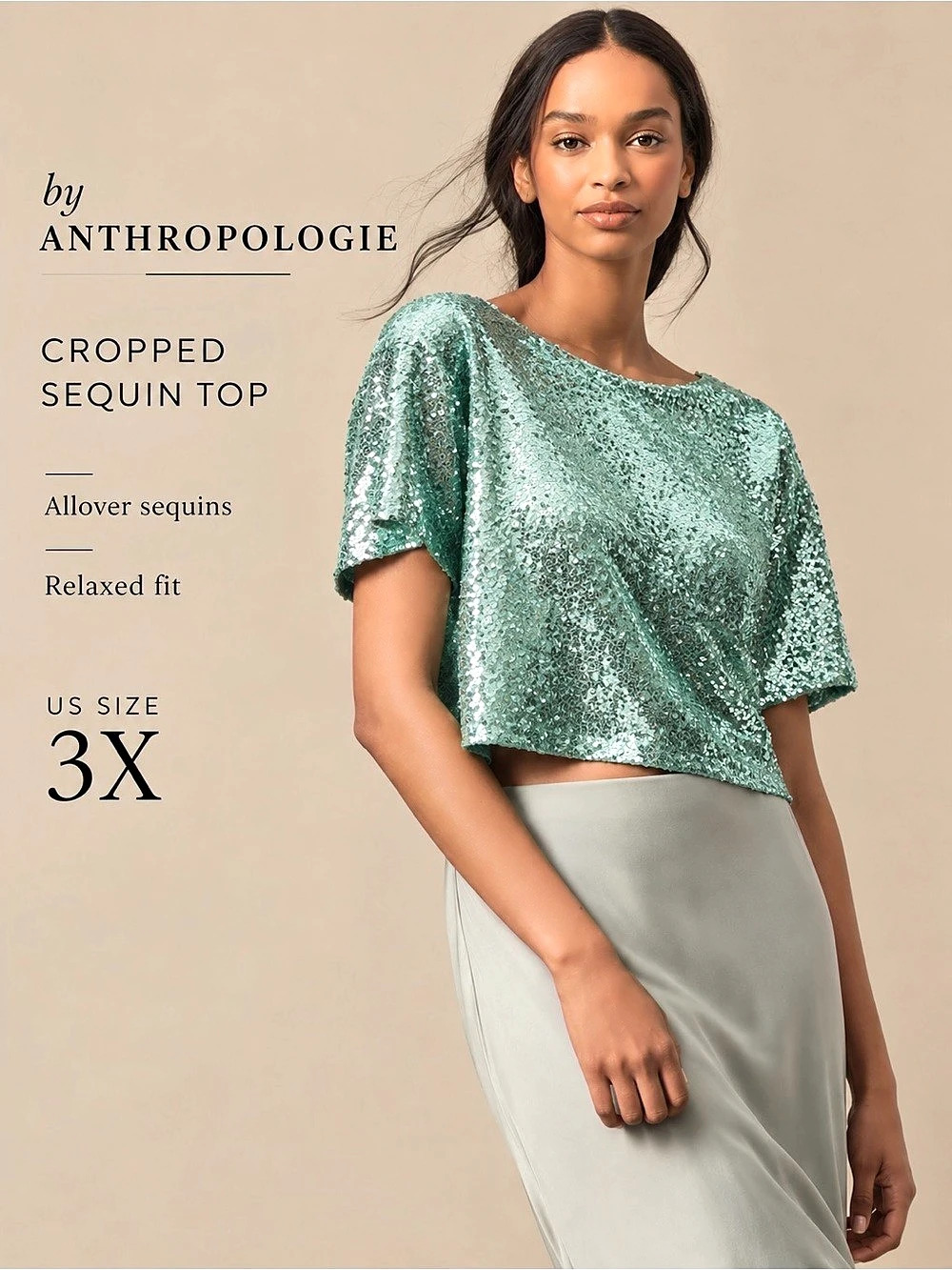 By Anthropologie Cropped Sequin Top Green 3X